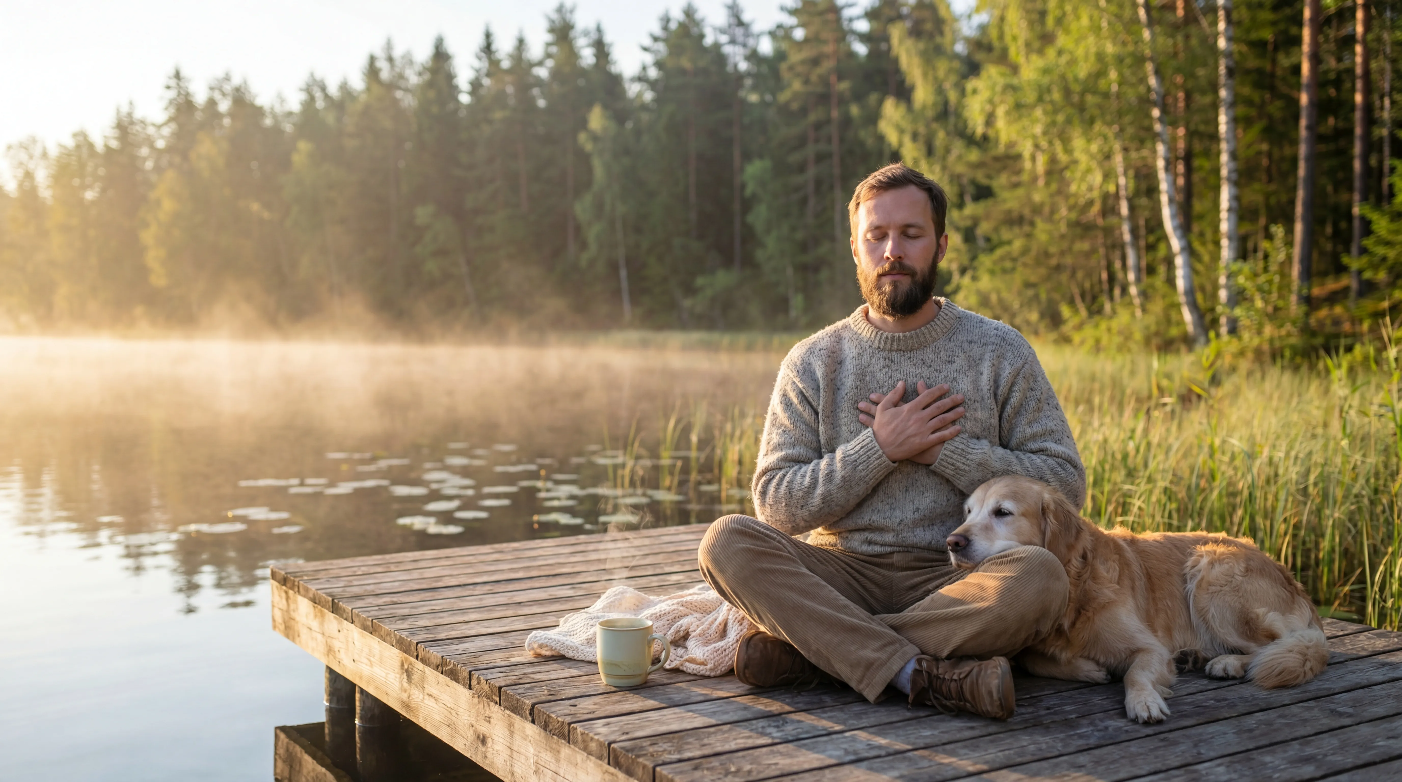 A warm, comforting image representing self-compassion and gentle breathing.