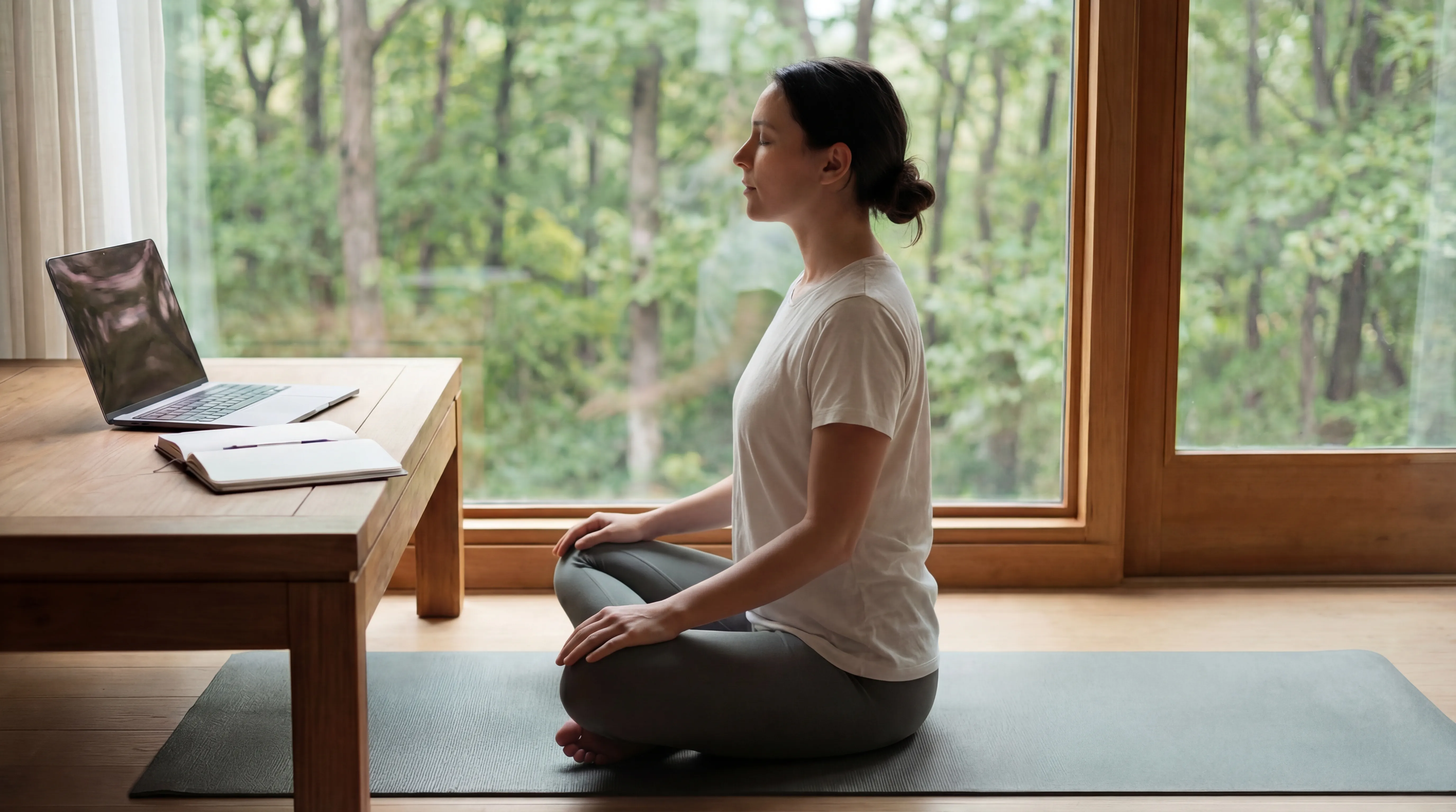 A clean, organized desk with a laptop and a plant.
