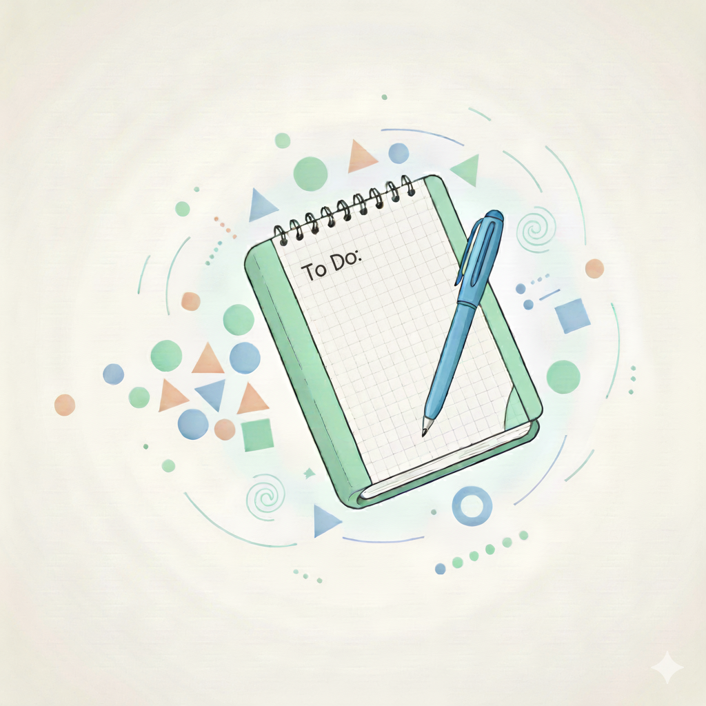 A minimalist white desk with a notebook and pen, representing clarity and structure.