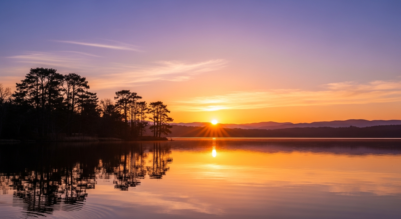 A calming, wellness-themed image for a 4-7-8 breathing exercise. Peaceful sunset nature scene.