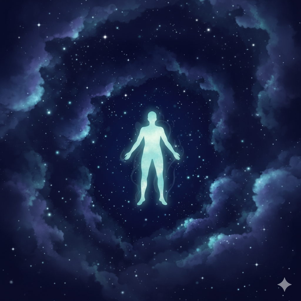 A silhouette of a person looking at a starry night sky, symbolizing peace and connection.