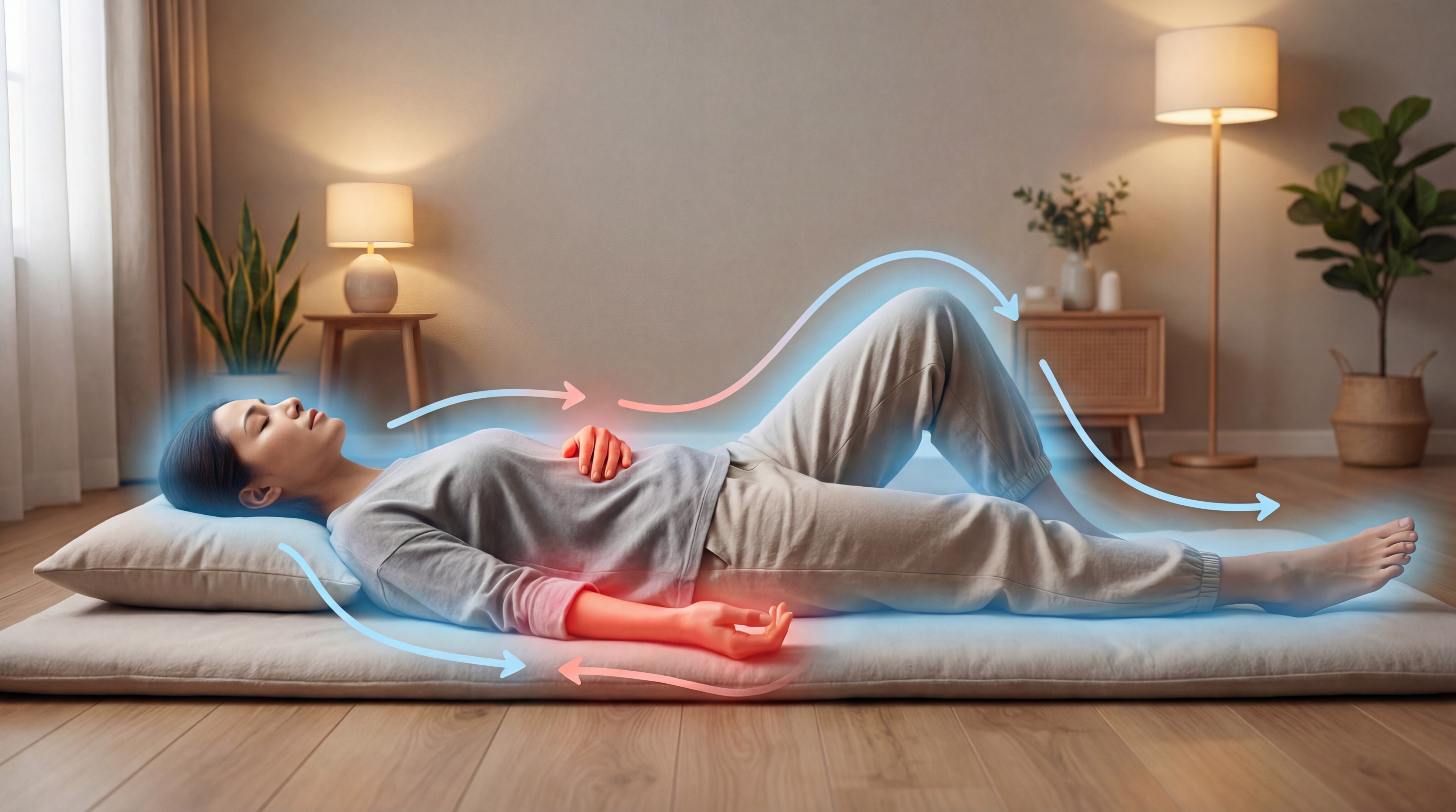 A calming, wellness-themed image for a 4-7-8 breathing exercise. Peaceful sunset nature scene.